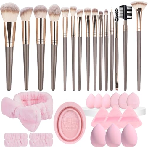 31 Pcs Makeup Brushes Set with Makeup Sponges and Triangle Powder Puffs, Premium Synthetic Foundation Blending Blush Eyeshadow Brushes with Spa Headband, Wristbands & Brush Cleaning Bowl