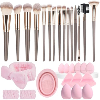 31 Pcs Makeup Brushes Set with Makeup Sponges and Triangle Powder Puffs, Premium Synthetic Foundation Blending Blush Eyeshadow Brushes with Spa Headband, Wristbands & Brush Cleaning Bowl