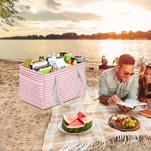 LHZK 2 Pack Utility Tote Bag with Metal Wire Frame and the Sides Rinforced, Large Tote Bag with Handle, Reusable Grocery Bags Foldable, Beach Bag, Car Tote (Pink, 18.5''x11.8''x11.5'') - color: Pink, size: 18.5''x11.8''x11.5''-2 Pack
