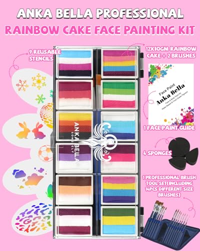 Anka Bella Professional Face Painting Kit，Water Activated Non Toxic | water based,for sensitive skin,washable,with brushe and stencil,easy to remove,hypoallergenic,for halloween/parties,12X10gm - color: Rainbow Valley set