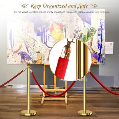 4PCS Red Velvet Stanchion Rope 5 Ft Crowd Control Ropes Barrier with Gold Hooks for Party - color: Red&Gold, size: 4PCS