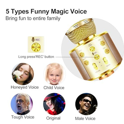 Microphone for Kids Voice Changer Karaoke Microphones Boy Girl Gifts Age 3-12 Portable Child Microphone Karaoke Kid Wireless Bluetooth Microphones Birthday - color: Gold
