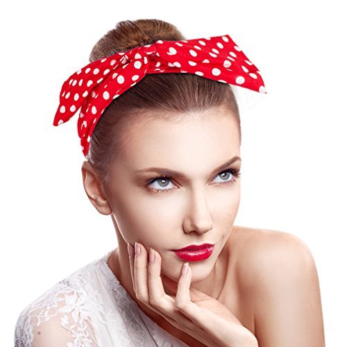 Breevo 50s Costume Accessories Set Women Scarf Headband Glasses | Includes Bandana Scarf, Headband, Clip-on Earrings, and Cat-Eye Glasses; Chiffon Scarf - color: Red