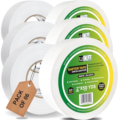 Wow Gaffers Tape 2 Inch White - 50 Yards (Pack of 6), Residue Free, Non-Reflective & Heavy-Duty - Professional Grade White Gaff Tape - Ideal for Photography Backdrop, Cables, Cords & Floor Taping - color: White, size: Pack of 6 (Half Dozen)