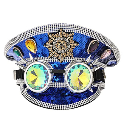 GRACEART Women's Burning Man Sequin Hat Mucis Festival Military Captain Hats Steampunk Caps with Goggles - style: Style-19(with Goggle)