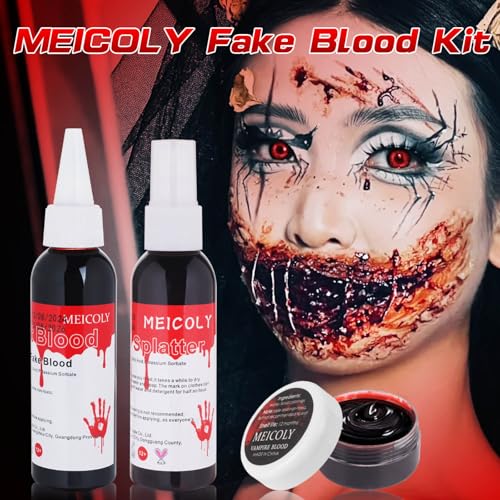MEICOLY 4PCS Halloween Fake Blood Makeup Kit,Special Effects SFX Makeup Set for Zombie Vampire Monster Cosplay,2.1oz Fake Blood Spray+2.1oz Dripping Blood+1.06oz Coagulated Blood+Stipple Sponge - color: fake blood kit