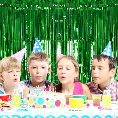 PIGETALE 2 Pack 3.2Ft x 8.2Ft Green Tinsel Curtain Party Backdrop | Metallic Tinsel Foil Fringe Curtains Photo Booth Props Background Christmas St Patrick’s Day Safari Tropical Decorations - color: Metallic Gren