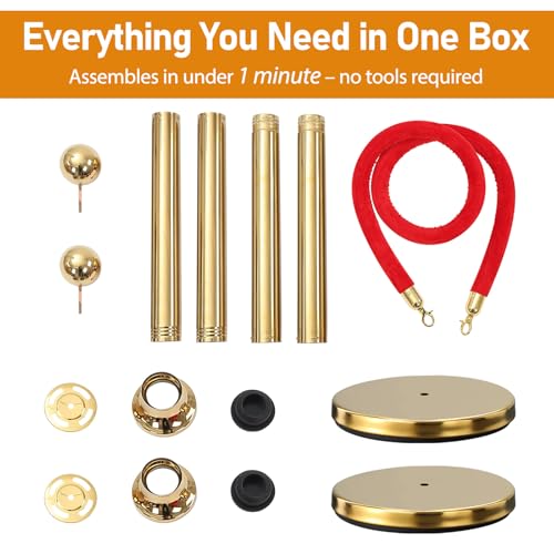 BeBecome Stanchions and Velvet Ropes, Gold Stanchions with 5 ft Red Velvet Rope, 2 Pack Crowd Control Barriers, Fillable Bases, Red Carpet Poles for Weddings