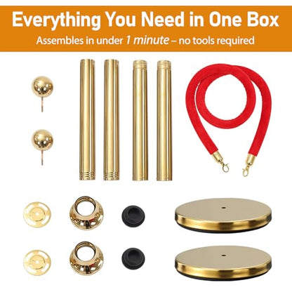 BeBecome Stanchions and Velvet Ropes, Gold Stanchions with 5 ft Red Velvet Rope, 2 Pack Crowd Control Barriers, Fillable Bases, Red Carpet Poles for Weddings