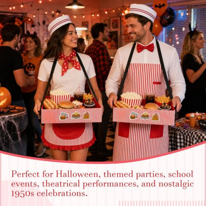 Adult 1950s Waiter Costume Kit for Men Women | Movie Night Worker Costume Set with Red & White Striped Apron Hat Bow Tie Polka-dot Scarf for Halloween 1950s Party Cosplay - color: Red - 10pcs