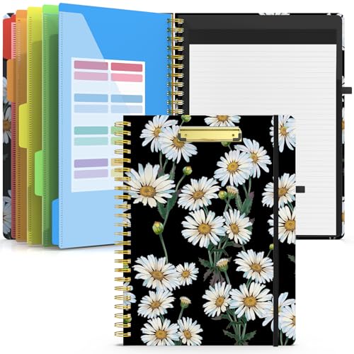 Sooez Spiral Clipboard Folio, Clipboards with Storage, Refillable Notepad | Clipboard Folder with 10 Storage Pockets for Letter Size, Spiral Clipboard Notebook, Cute Portfolio for School Office Nursing - color: Daisy - Black