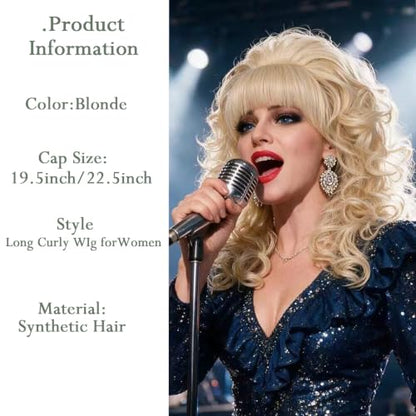 80s Long Curly Vintage Cosplay Wig with Bang Perfect for Women 60s 70s Disco Party or Queens Cosplay Halloween costume Party (Blonde)