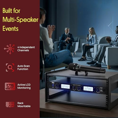 Pyle 4 Channel UHF Wireless Microphone System with 2 Handheld Mics, 2 Lavalier 2 Headsets & Beltpack Transmitters, 300ft Range, Rack Mount Receiver for Church, Meetings, DJ & PA Systems - style: 4-Channel All Mixed