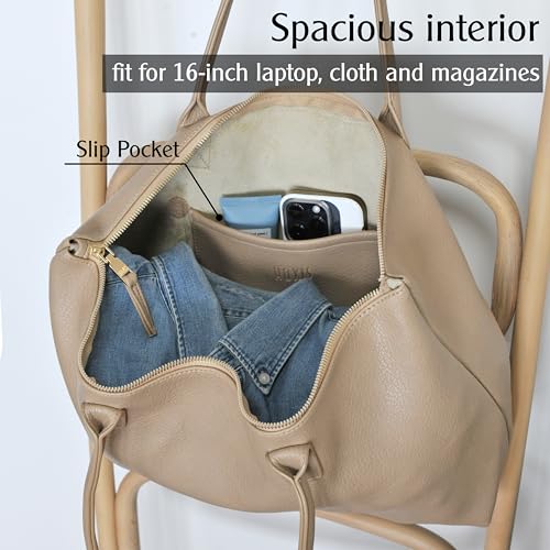HOXIS Tote Bag for Women with Zipper Vegan Leather Handbag with Trolley Sleeve Travel Weekender Carryall Bag - color: Nude