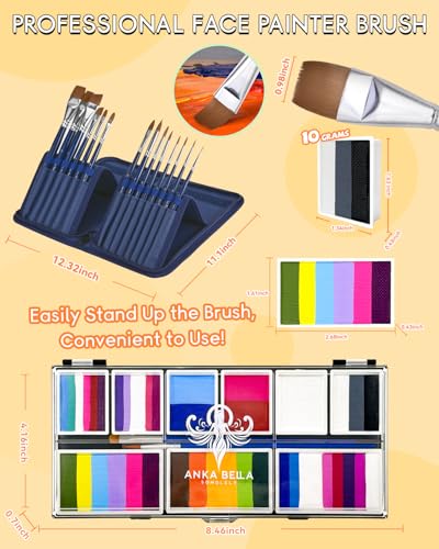 Anka Bella Professional Face Painting Kit–Split Cake Water Activated Face Paint Palette with 14 Brushes, Stencils & Sponges, Non-Toxic Hypoallergenic Face & Body Paint for Halloween, Parties,Cosplay - color: FairyTaleFace Palette
