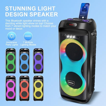 Bluetooth Karaoke Speaker with 2 Wireless Microphones – 40W Portable PA System with LED Lights, TWS Pairing, 6.5” Dual Woofers, Rolling Wheels, Rechargeable Battery - for Party/Home/Outdoor