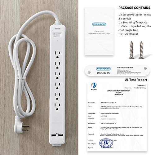 NTONPOWER 7 Outlets Surge Protector Power Strip, Flat Plug, 15 A Circuit Breaker, 5ft Heavy Duty Cord Wall Mount Right Angle Plug for Home Theater Office, White, 1080 Joules - size: 5 ft