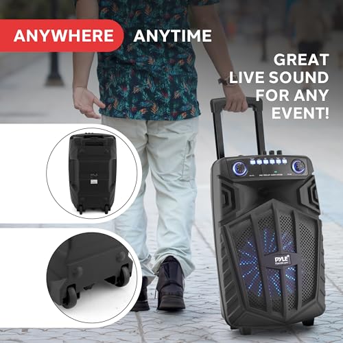 Pyle 680W Portable Bluetooth PA Speaker - 10" Rechargeable Outdoor Karaoke Speaker, Audio System w/Wireless Mic and Wheels, TWS, Lights, LED Display, 6.5mm Mic Input, FM/AUX/MP3/USB/SD - size: 10-inches