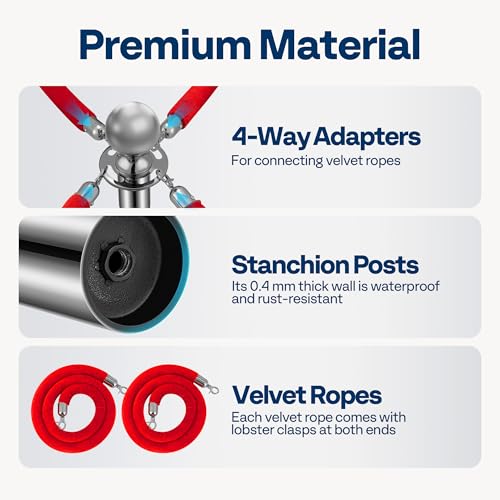 VIVOHOME Silver Stanchions and Velvet Ropes, 5 Feet Ropes and 39 Inch Posts | 6PCS Stainless Steel Post with Water-Fillable Leakproof Base, Red Carpet Poles for Wedding, Prom & VIP Events - color: Sliver
