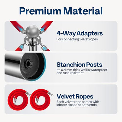 VIVOHOME Silver Stanchions and Velvet Ropes, 5 Feet Ropes and 39 Inch Posts | 6PCS Stainless Steel Post with Water-Fillable Leakproof Base, Red Carpet Poles for Wedding, Prom & VIP Events - color: Sliver