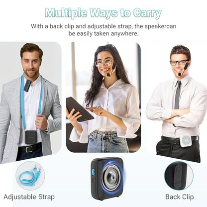 AI Wireless Voice Amplifier with 2 Wireless Mics(1 Lavalier mic & 1 Microphone Headset), Bluetooth 5.3 PA System for Teachers, Tour Guide, Yoga - 15H Rechargeable Battery, Waist-Mount Design