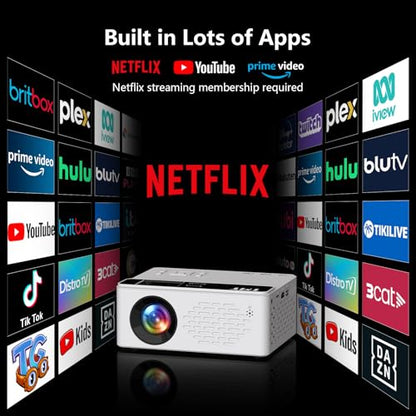 TMY 1080P Mini Projector, Built in Netflix app, 2-way Bluetooth, WiFi6 | Portable home theater, indoor/outdoor movies, Compatible with TV Stick/Roku/Phone/PC/PS/DVD/HDMI/USB - style: Built in Netflix app