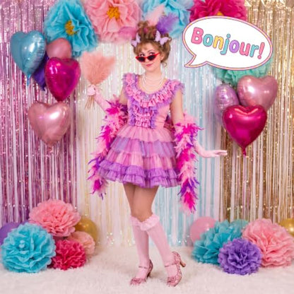 Huwena 8 Pcs Feather Boa Costume Accessory Set for Women Halloween Costume | Pink Feather Boa Pearl Necklace Sunglasses Lace Gloves Socks Butterfly Clips for Cosplay Party Wedding Tea