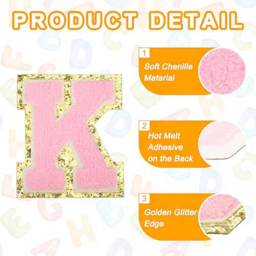 MECCANIXITY Chenille Letter Patches 3.1" Alphabet K Iron on Embroidered Patch Sew on Letter Stickers Applique for Repairing Clothing Jeans Shoes Hats DIY(Pink, Pack of 6) - style: Letter-K