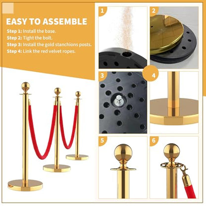 Crowd Control Stanchions Velvet Ropes Queue Line Barrier Posts 6 Pack | Gold Ball Top, 5ft Red Velvet Cords, Stainless Steel Pole, Weighted Base, Ideal for VIP Events Hotels Red Carpet Entry