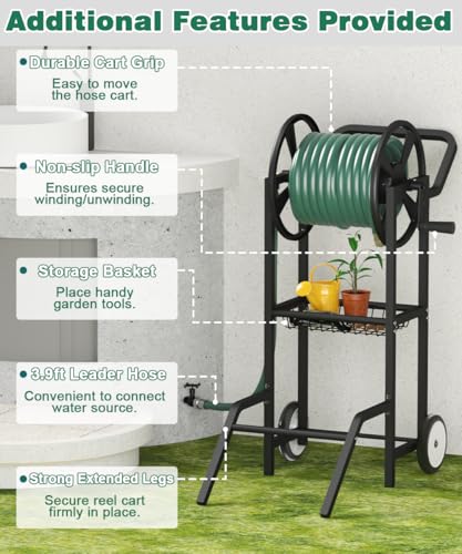 Hose Reel Cart with 2 Wheels, Garden Water Hose Holder Heavy Duty Powder Coated Steel Outdoor Winder Storage Holds 125 ft 5/8" Hoses with Basket and 3.9ft Leader Hose for Backyard, Black - color: Black