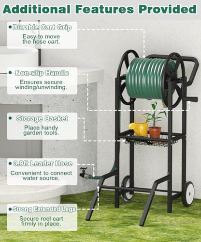 Hose Reel Cart with 2 Wheels, Garden Water Hose Holder Heavy Duty Powder Coated Steel Outdoor Winder Storage Holds 125 ft 5/8" Hoses with Basket and 3.9ft Leader Hose for Backyard, Black - color: Black