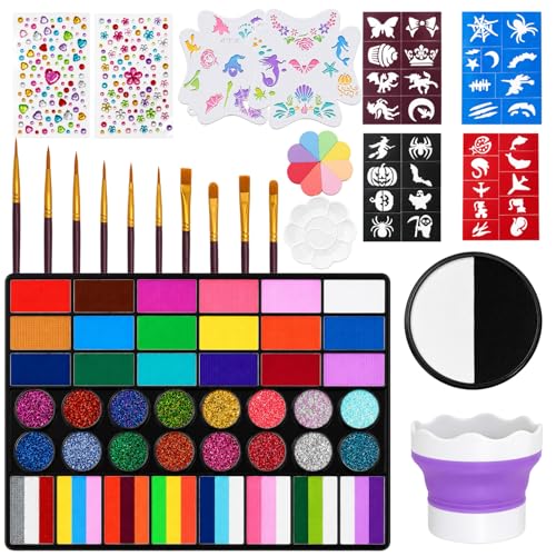 42 Color Face Painting Kit with B&W Palette,Professional Non Toxic Water Activated Face Paint Palette with Stencils,Brushes,Gems&Sponges,For Halloween, Christmas,Cosplay, Party, Carnival & Festival