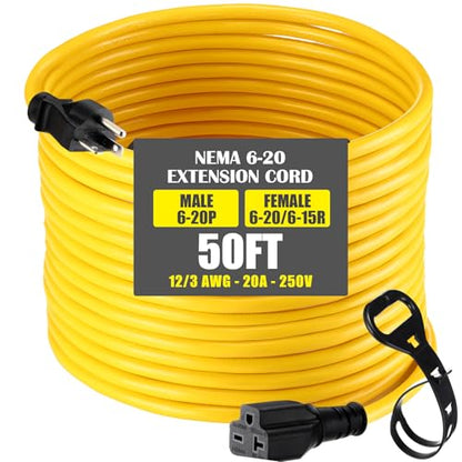 50 ft Nema 6-20 Extension Cord, Nema 6-20p Male Plug to 6-20r/6-15r Female Receptacle, 20 Amp T-Blade Outlet Extension Power Cord with Waterproof Sockets, Heavy Duty 12/3 Awg, 250v, 5000w - size: 50 ft