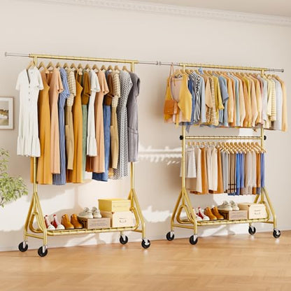 Double Rods Clothing Rack, Heavy Duty Clothes Rack for Hanging Clothes Load 560LBS, Metal Rolling Garment Racks with Wheels, Freestanding Clothes Hanging Racks, Gold - color: Gold, size: Double Rods