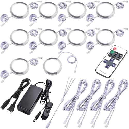 Under Bar Lighting, Workspace Accent Light Kit, 120V Cabinet LED Puck, Daisy Chained Linkable, Plug-in & Hardwiring, Wireless RF Remote Control Dimmable, White Cables, Daylight, 10 Lights - color: 10 Lights, Daylight
