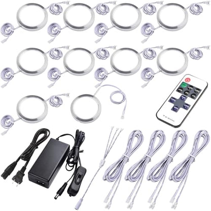 Under Bar Lighting, Workspace Accent Light Kit, 120V Cabinet LED Puck, Daisy Chained Linkable, Plug-in & Hardwiring, Wireless RF Remote Control Dimmable, White Cables, Daylight, 10 Lights - color: 10 Lights, Daylight