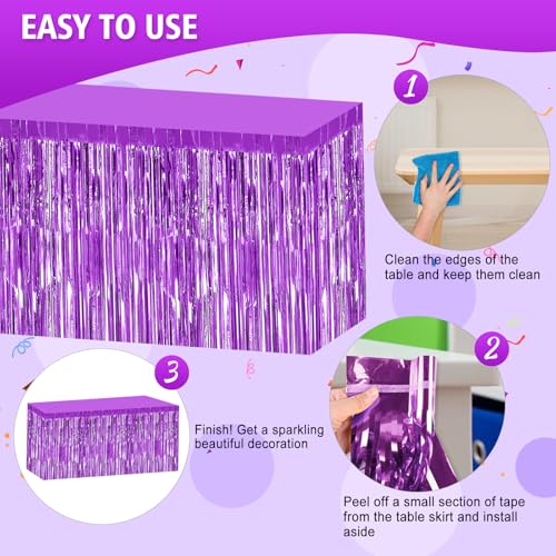 2 Pack 29.5x108 Inch Purple Foil Tinsel Fringe Table Skirts, Disposable Table Skirts for Rectangle Tables Curtains Backdrop Parade Wedding Floats Baby Shower Birthday Mardi Gras Party - color: Purple