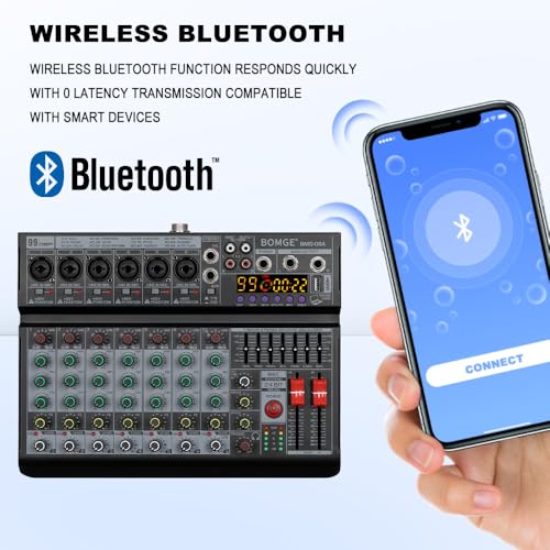 BOMGE Professional 8 Channel DJ Audio Mixer, Sound Mixer with 99 DSP Effects/7-band EQ/USB Drive/Bluetooth/Compute/48V Phantom for PC Recording Karaoke Studio Streaming