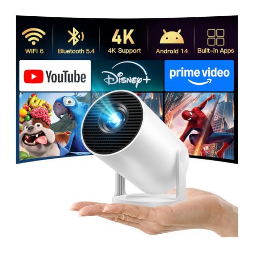 [2026 Upgraded] Mini Projector 4K Supported, Built-in App, Android TV OS X1 | Projector with WiFi 6 and Bluetooth 5.4, Phone Remote Control, Short Throw, Auto Keystone and 180° Rotatable for Home Outdoor - color: White