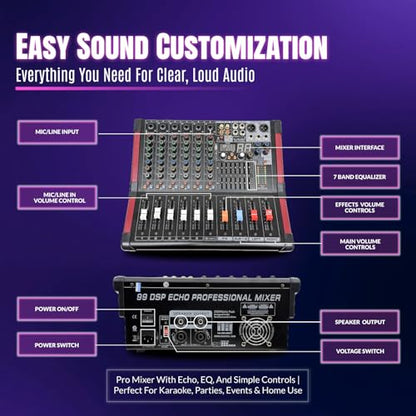 Pa System with Wireless Microphone and Speakers 10" 2000W Built-in Amp | Audio Mixer for DJ party PA kit with Wireless UHF Mic, 6-channel mixer, Dual Wireless UHF mic, 800W Speaker and Dual Stands - size: 10 inch