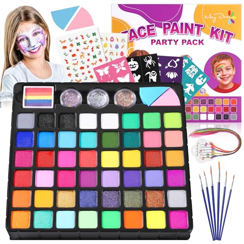 Maydear 48-Color Face Paint Kit for Kids – Washable Makeup with Neon & Metallic Shades, Brushes, Stencils, Rainbow Strip, Hair Extensions & Nail Stickers for Parties & Halloween - color: 48 Colors