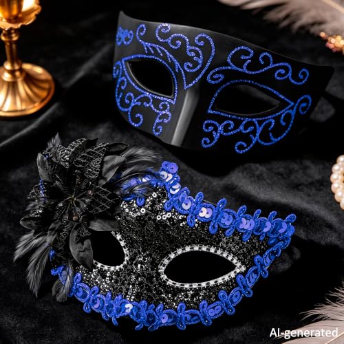 SIQUK Couple Masquerade Masks Set Venetian Party Mask Costume Mask - color: Black & Blue Sequins