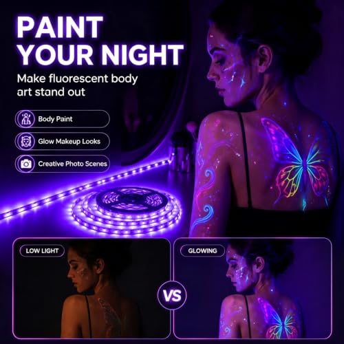 66 Foot Black Light Strips & Remote, Dimmable Flexible 1200 LEDs | 12V Blacklights Strip for Halloween Glow Party Body Paint Birthday Bedroom Room Fluorescent Tapestry Poster Indoor - size: 20 m