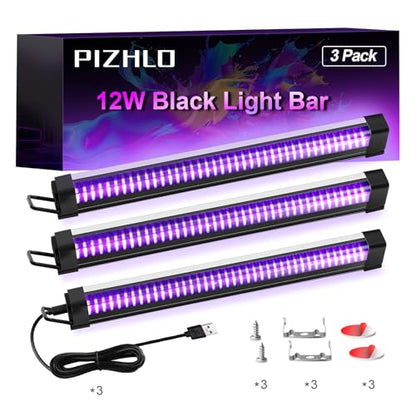3 Pcs Black Light Bar, 12W 1ft USB Blacklight Strip Light for Glow Party, Magnetic Black Light Strip Tube, Portable LED Black Light for Fluorescent Tapestry Poster Body Paint Christmas Cabinet