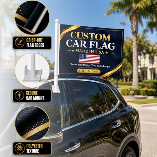 Custom Car Flag Pole by BCB Personalized Flag Banner Printed in USA | 12x17 Inch Personalized Flag with Photo, Flags for Car Windows, Car Window Flag Holder, Flags for Cars, Weather Resistant - color: Car Flag