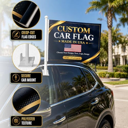 Custom Car Flag Pole by BCB Personalized Flag Banner Printed in USA | 12x17 Inch Personalized Flag with Photo, Flags for Car Windows, Car Window Flag Holder, Flags for Cars, Weather Resistant - color: Car Flag