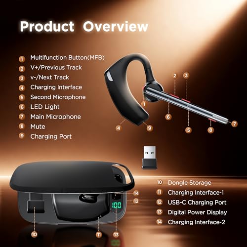Bluetooth Headset V5.3, Wireless Headset with Dual Noise-Canceling Microphones, Portable Charging Case, 300H Standby Time, Hands Free Headphones for Computer/Cell Phones, Trucker/Home/Office/Work