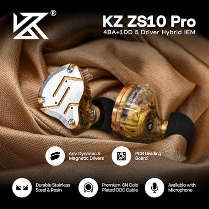 Linsoul KZ ZS10 Pro, 4BA+1DD 5 Driver in Ear Monitor, HiFi Wired Earbuds, Gaming Earbuds, Hybrid IEM Earphones with Stainless Steel Faceplate, Detachable Cable for Musician(with Mic, Glare Yellow) - color: Glare Yellow, style: With Mic