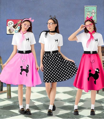 1950s Poodle Skirt Outfit Women 50s Sock Hop Costume T Shirt Accessories - color: Black-white-dot, size: Large