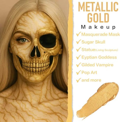 BOBISUKA Metallic Gold Face Body Paint, Water-Based Face Painting Kit & Body Paints, Facepaint for Adults Halloween Golden Masquerade Mask & Skull Special Effects Art Make-Up Costume Cosplay & Theater - color: Metallic Gold